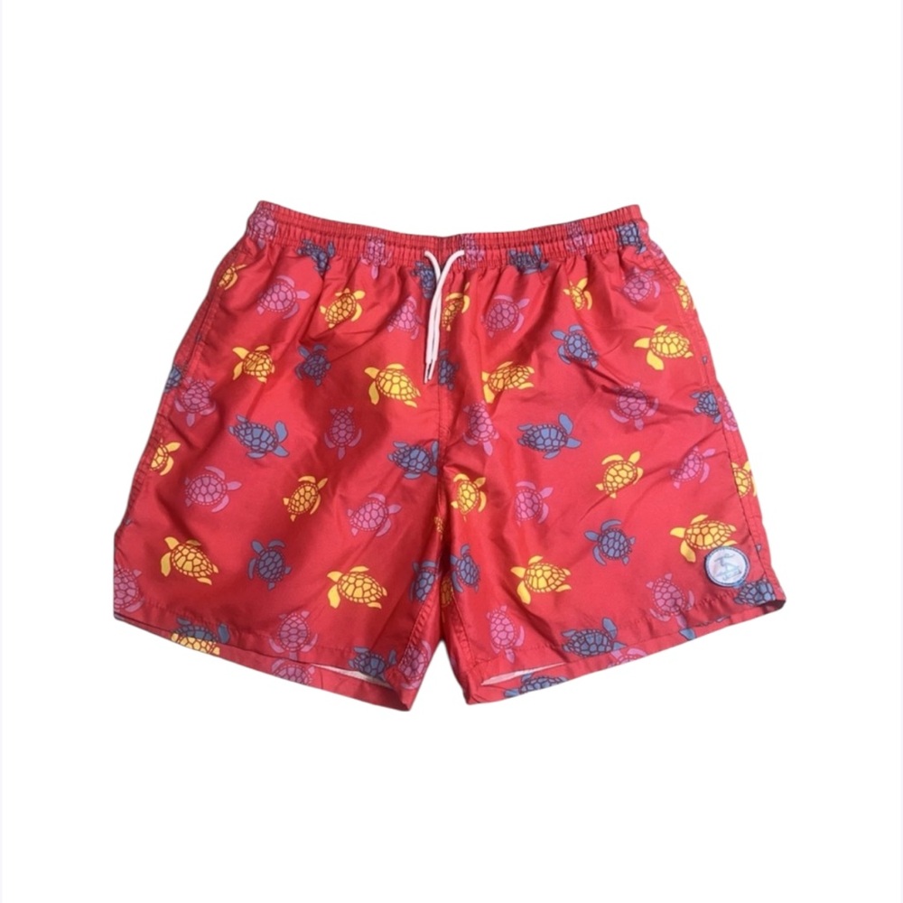 Men's red swim trunks with colorful turtle print. Elastic‎ Size XL